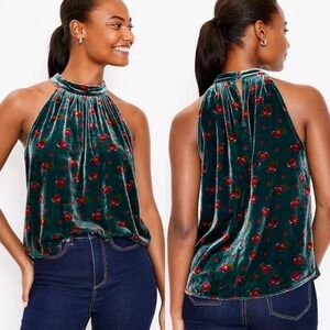 Loft Women Floral Velvet Whimsigoth Halter Top M Green Red Roses Shirred Holiday